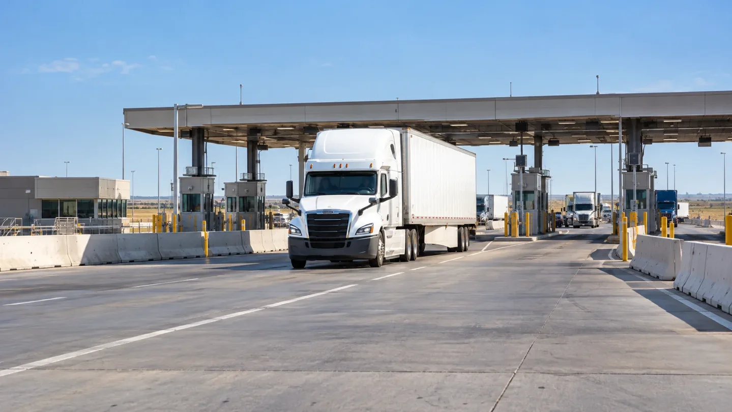 Illustrative view of a freight truck passing through a commercial border terminal