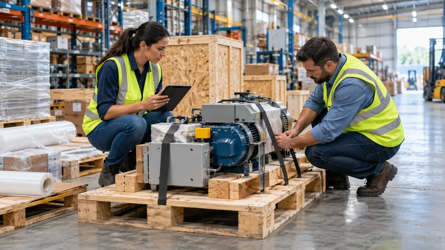 Illustrative scene of logistics professionals preparing industrial machinery for export